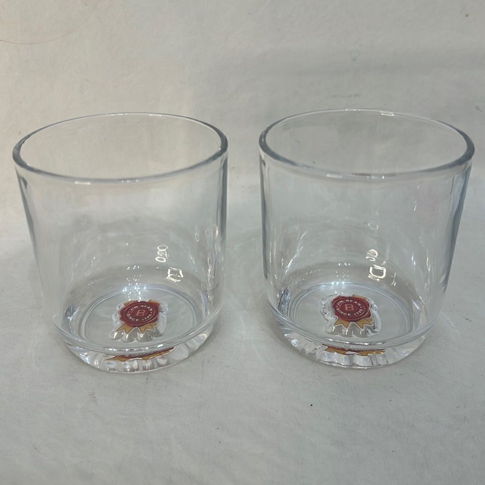 Jim Beam Rocks Glasses 8 Oz Each 3 1/2 In Tall 3 In Round Set 2 Red Gold Logo